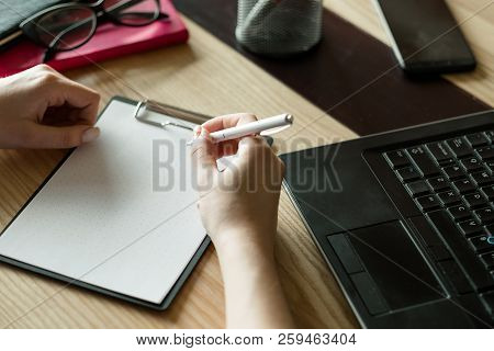 Work Planning Thinking And Ideas Generation. Brainwork And Strategy Development. Woman Hand Holding 
