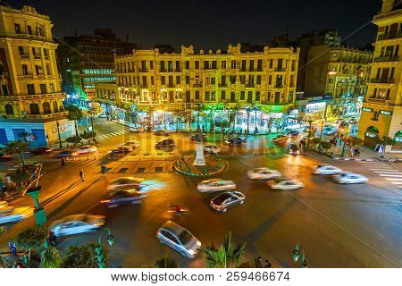 The Night View On Tallat Harb Square In Cairo, Egypt