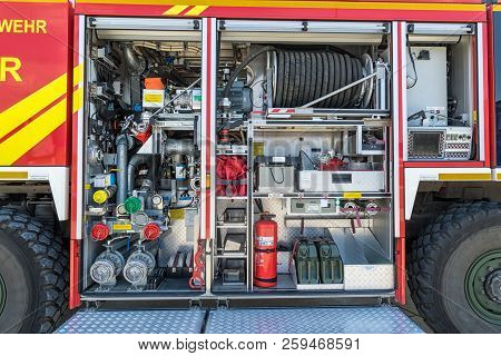 Wunstorf, Germany - June 9, 2018: Fire Truck On Display At The Tag Der Bundeswehr.
