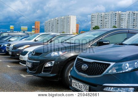 Moscow, Russia - September, 20, 2018: Cars on a parking on a park-and-ride parking near Annino metro station in Moscow, Russia