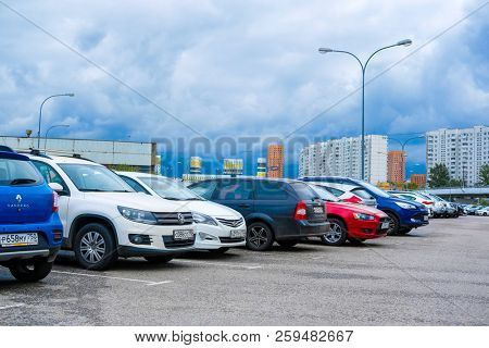 Moscow, Russia - September, 20, 2018: Cars on a parking on a park-and-ride parking near Annino metro station in Moscow, Russia