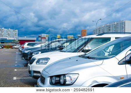 Moscow, Russia - September, 20, 2018: Cars on a parking on a park-and-ride parking near Annino metro station in Moscow, Russia