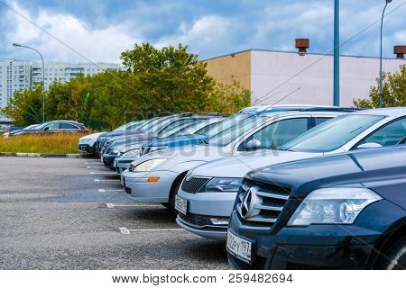 Moscow, Russia - September, 20, 2018: Cars on a parking on a park-and-ride parking near Annino metro station in Moscow, Russia