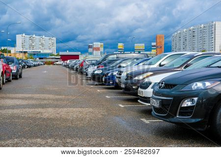 Moscow, Russia - September, 20, 2018: Cars on a parking on a park-and-ride parking near Annino metro station in Moscow, Russia