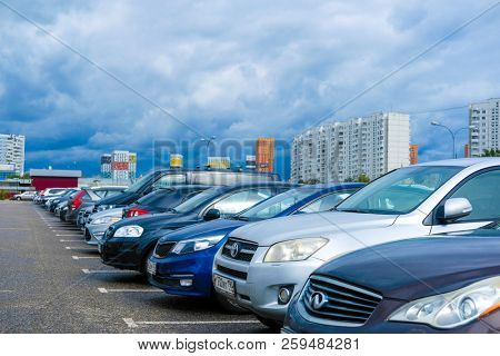 Moscow, Russia - September, 20, 2018: Cars on a parking on a park-and-ride parking near Annino metro station in Moscow, Russia