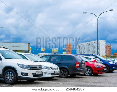 Moscow, Russia - September, 20, 2018: Cars on a parking on a park-and-ride parking near Annino metro station in Moscow, Russia