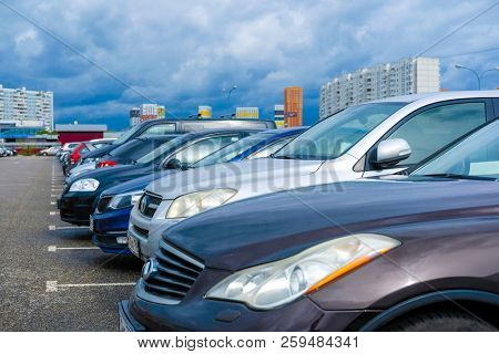 Moscow, Russia - September, 20, 2018: Cars on a parking on a park-and-ride parking near Annino metro station in Moscow, Russia