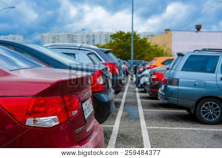 Moscow, Russia - September, 20, 2018: Cars on a parking on a park-and-ride parking near Annino metro station in Moscow, Russia