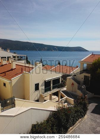 Herceg Novi, Montenegro, September 2016: Herceg Novi Town On Shore Of Bay Of Kotor. The Town Located