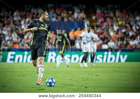 VALENCIA, SPAIN - SETEMBER 19: Chiellini during UEFA Champions League match between Valencia CF and Juventus at Mestalla Stadium on September 19, 2018 in Valencia, Spain