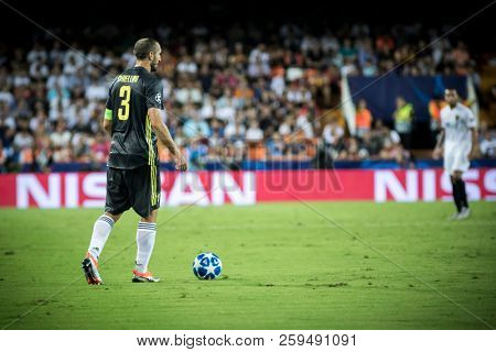 VALENCIA, SPAIN - SETEMBER 19: Chiellini during UEFA Champions League match between Valencia CF and Juventus at Mestalla Stadium on September 19, 2018 in Valencia, Spain