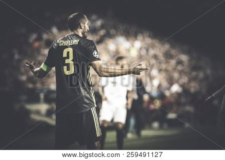 VALENCIA, SPAIN - SETEMBER 19: Chiellini during UEFA Champions League match between Valencia CF and Juventus at Mestalla Stadium on September 19, 2018 in Valencia, Spain