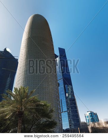 Doha, Qatar - March 3, 2018: Tower Of Al Sulaiti Law Firm Is The Iconic Skyline Of The Modern Doha C