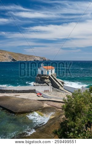 Traditional chapel of Panagia Thalassini in the  Chora town of Andros island, Cyclades, Greece