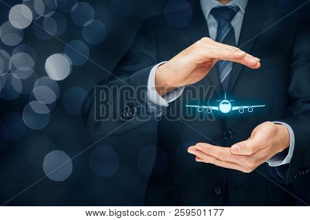 Travel Insurance Concept. Insurance Agent Or Businessman With Protective Gesture And Icon Of Plane. 