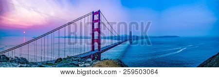 Panorama Of Gg Bridge During Sunrise Comprises Of 8 Shots Taken During Sunrise