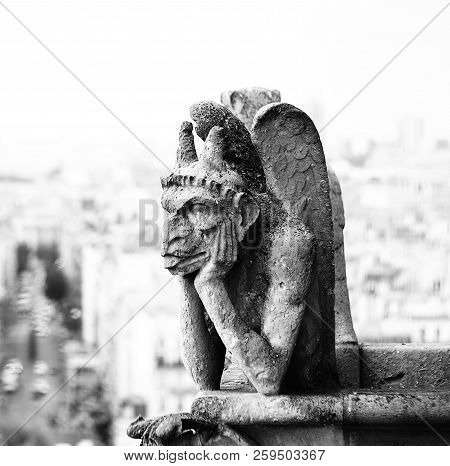 Grotesque Or Chimaera Is A Animal Figure On The Basilica Of Notre Dame In Paris With High Key Lights