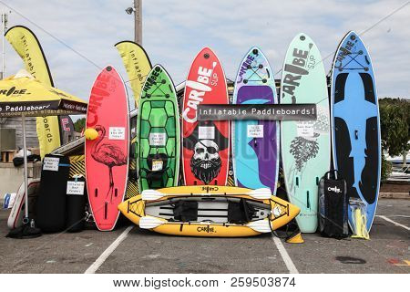 NORWALK, CT, USA-SEPTEMBER 20, 2018: Inflatable padle boards is shown in Progressive Norwalk Boat Show 2018.