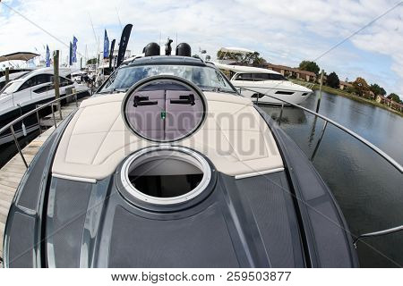 NORWALK, CT, USA-SEPTEMBER 20, 2018: Pershing 5X displayed on  Progressive Norwalk Boat Show 2018.