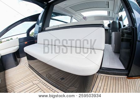 NORWALK, CT, USA-SEPTEMBER 20, 2018: Rear view from Pershing 5X displayed on  Progressive Norwalk Boat Show 2018.