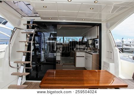 NORWALK, CT, USA-SEPTEMBER 20, 2018: Interior from Prestige 460 displayed on  Progressive Norwalk Boat Show 2018.