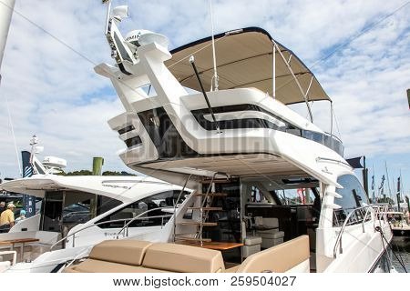 NORWALK, CT, USA- SEPTEMBER 20, 2018: Fairline Squadron 53 displayed on  Progressive Norwalk Boat Show 2018.