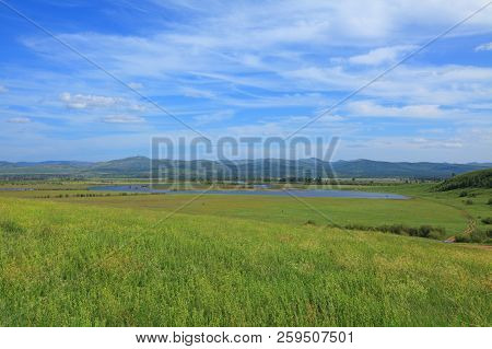 Water Meadows Against The Background Of Mountains. Valley Of The Ingoda River,siberia, Transbaikalia