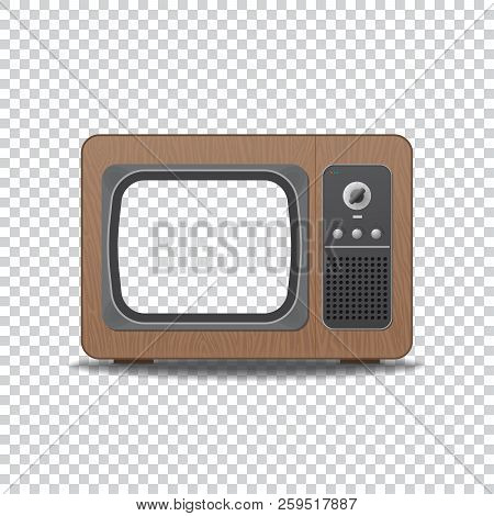 Old Vintage Tv-set. Realistic Retro Tube Tv With Wooden Texture And Shadows. Empty, Blank Screen Wit