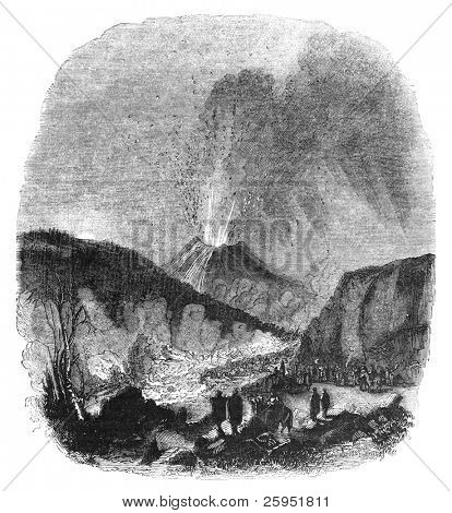 Sopka Vesuv během poslední erupce (1839). Rytý obrázek z časopisu The Penny, května 1843.