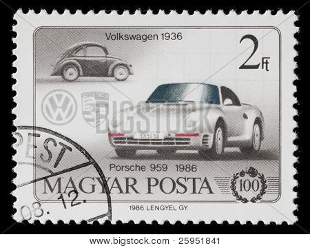 Maďarsko - cca 1986: Maďarská pamětní razítko slaví 100 let automobilu. Volkswa