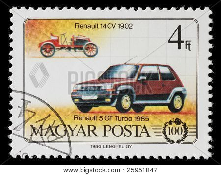 Ungarn - CIRCA 1986: Ungarske jubilæumsmønter stempel fejrer 100 års bil. Renault