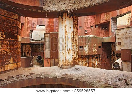 Abandoned Nuclear Power Plant. Russia, The Crimea, Shelkino. Abandoned Construction, Iron Background
