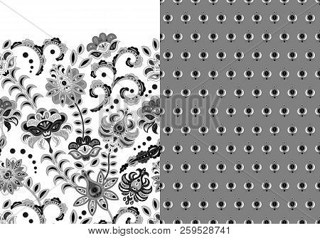 Set Of Two Horizontal Seamless Floral Pattern With Paisley And Fantasy Flowers Border. Hand Drawn Te