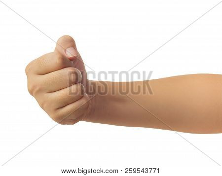 Human Hand In Fist, Punch Or Griping Gesture Isolate On White Background With Clipping Path, High Re