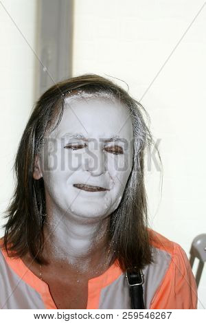 Face In White Foam. Panthenol On The Skin Of The Face. Scary Face.