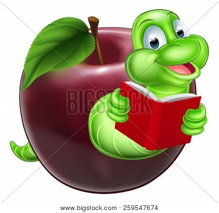A Happy Smiling Cute Green Cartoon Caterpillar Bookworm Coming Out Of An Apple And Reading A Book