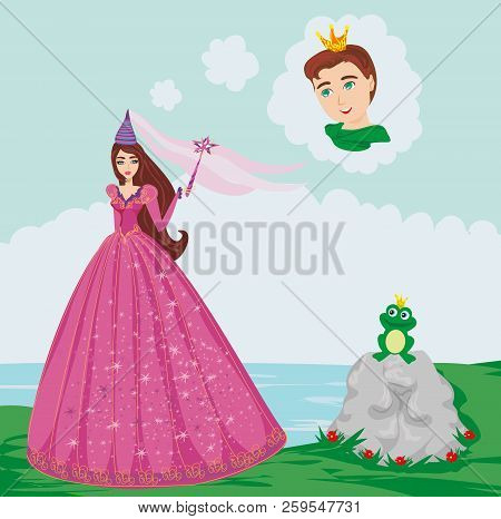 Fairy And Prince Enchanted With A Frog , Vector Illustration
