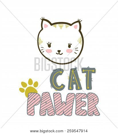 Cat Pawer. Cute Little Cat And Paws Footprint. Vector Isolated Illustration.