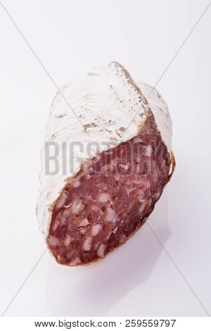 Saucisson Sec Delicious French Salami On A White Background