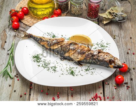Oktoberfest Menu. Grilled Mackerel Fish With Beer And Pretzel Served