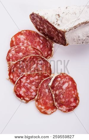 Saucisson Sec Delicious French Salami On A White Background