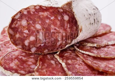Saucisson Sec Delicious French Salami On A White Background