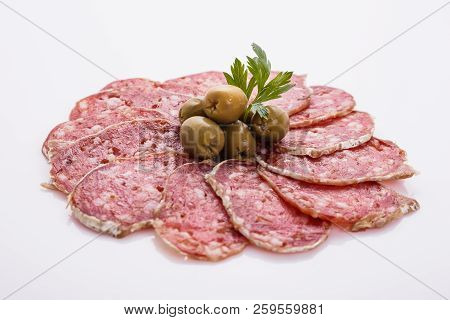 Saucisson Sec Delicious French Salami On A White Background