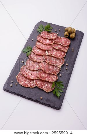 Saucisson Sec Delicious French Salami On A White Background