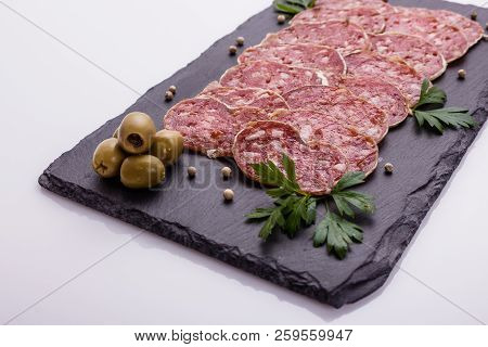 Saucisson Sec Delicious French Salami On A White Background