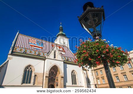 Church Of St. Mark And Flowers Jardiniere, Zagreb, Croatia, Europe. Upper Town, Gornji Grad, Histori
