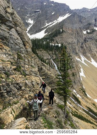 Waterton Lakes National Park, Alberta, Canada - June 17th, 2017: Hiking The Rocky Terrain Of The Cry