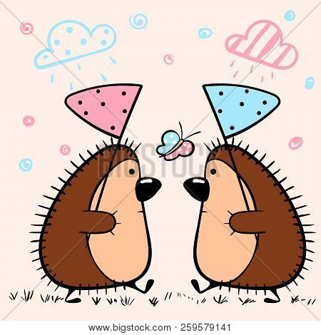 Hedgehog With Butterfly Net. Cute Iluustration For Print T-shirt. Vector Eps 10