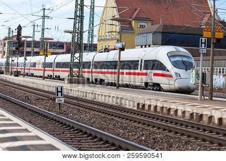 Fuerth / Germany - March 11, 2018: Ice 3, Intercity-express Train From Deutsche Bahn Passes Train St