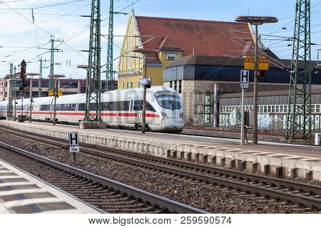 Fuerth / Germany - March 11, 2018: Ice 3, Intercity-express Train From Deutsche Bahn Passes Train St